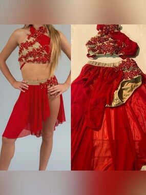 Glamour solo dance costume 2 piece red gold lyrical illusion SA-Small adult